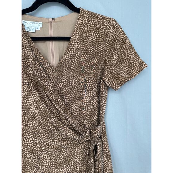90s Vintage Dress Womens Small Brown Silk Mini Tie Front V Neck Short Sleeve - Picture 4 of 7